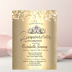 Gold Confetti Dots, Tiara Quinceañera Einladung