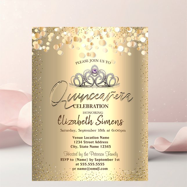 Gold Confetti Dots, Tiara Quinceañera Einladung (Von Creator hochgeladen)