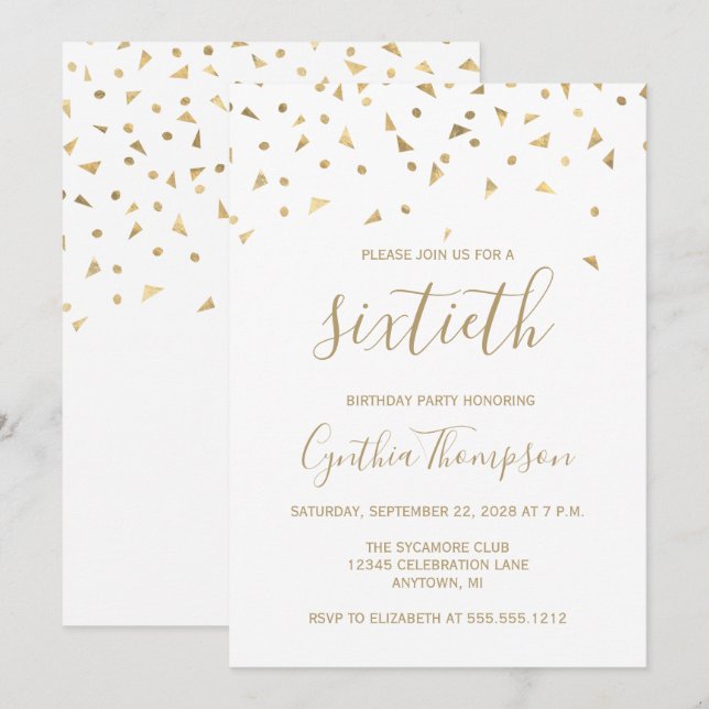 Gold Confetti Dreiecke 60. Geburtstagsparty Einladung (Vorne/Hinten)