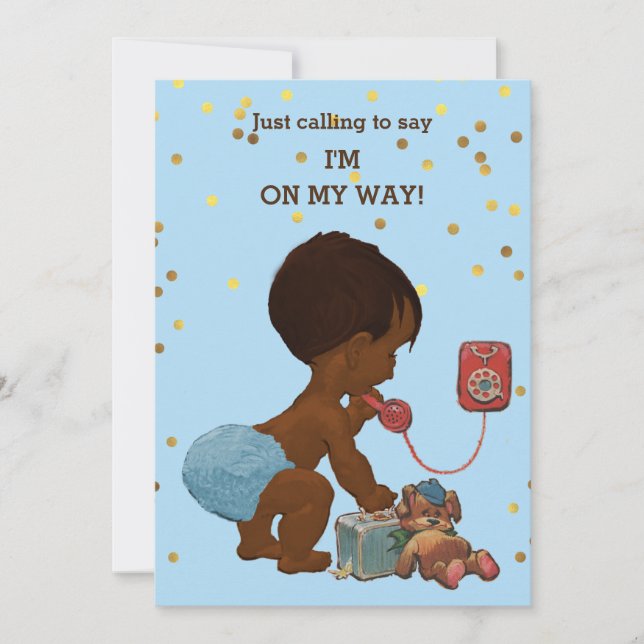 Gold Confetti Ethnic Boy on Phone Baby Dusche Einladung (Vorderseite)