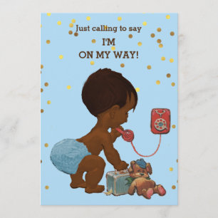 Gold Confetti Ethnic Boy on Phone Baby Dusche Einladung