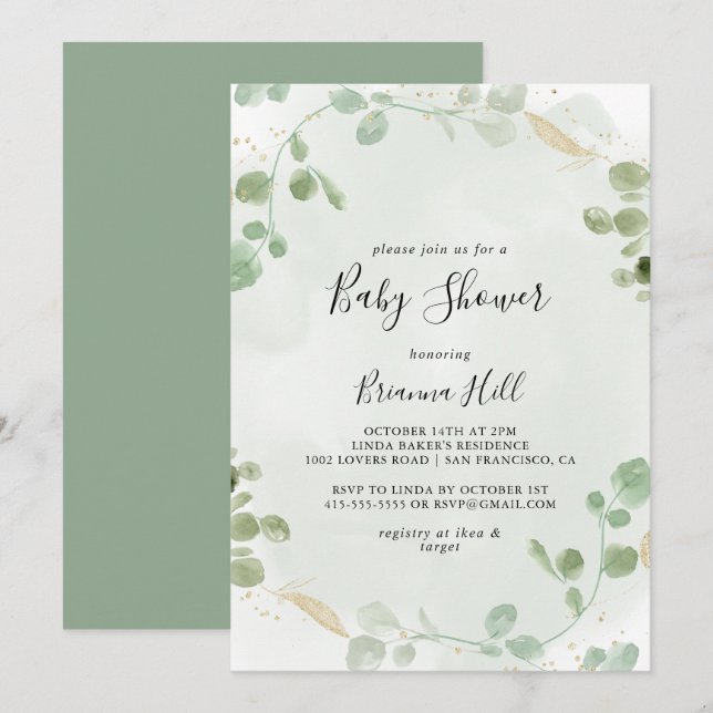 Gold Confetti Eucalyptus Foliage Baby Dusche Einladung (Vorne/Hinten)