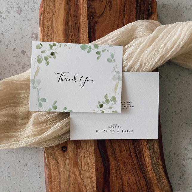 Gold Confetti Eucalyptus Foliage Flat Wedding Dankeskarte (Von Creator hochgeladen)