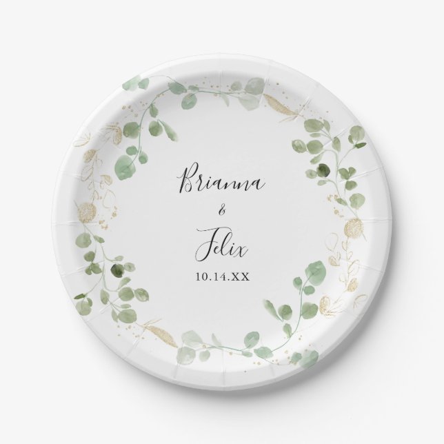 Gold Confetti Eucalyptus Foliage Wedding Cake Pappteller (Vorderseite)