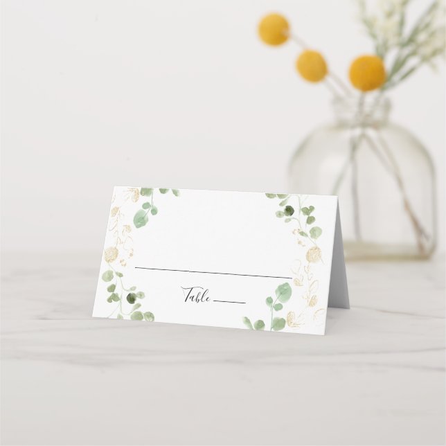 Gold Confetti Eucalyptus Foliage Wedding Platzkarte (Vorderseite)