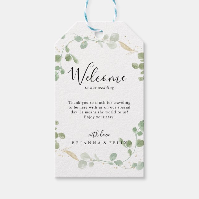 Gold Confetti Eucalyptus Foliage Wedding Willkomme Geschenkanhänger (Vorderseite)