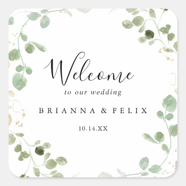 Gold Confetti Eucalyptus Foliage Wedding Willkomme Quadratischer Aufkleber (Vorderseite)