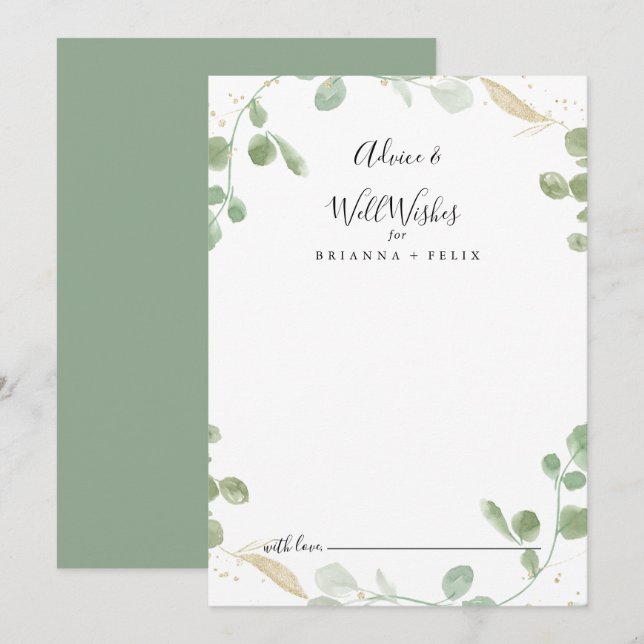 Gold Confetti Eucalyptus Wedding Well Wishings Hinweiskarte (Vorne/Hinten)