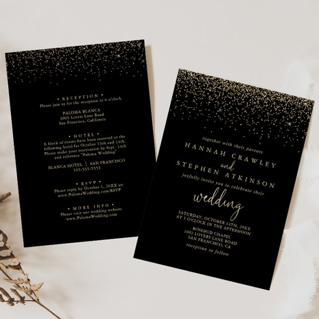Gold Confetti Extravagante Script Front & Back Wed Einladung (Von Creator hochgeladen)