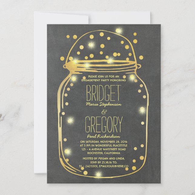 Gold Confetti Fireflies Mason Jar Engagement Party Einladung (Vorderseite)