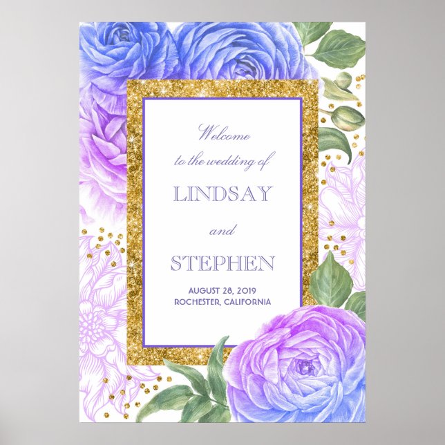 Gold Confetti Floral Blue und Lila Empfang Poster (Vorne)