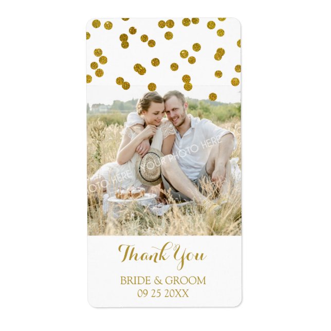 Gold Confetti Foto Wedding Labels (Vorne)