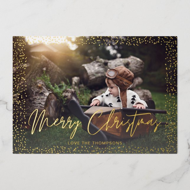 Gold Confetti Frohe Weihnachts-Foto Folieneinladung (Vorderseite)