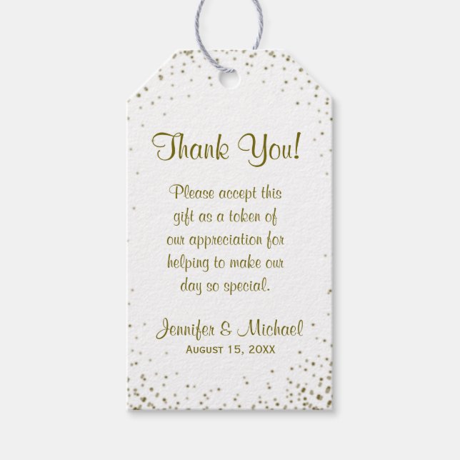 Gold Confetti Gastgeschenk Hochzeit Tag Geschenkanhänger (Vorderseite)