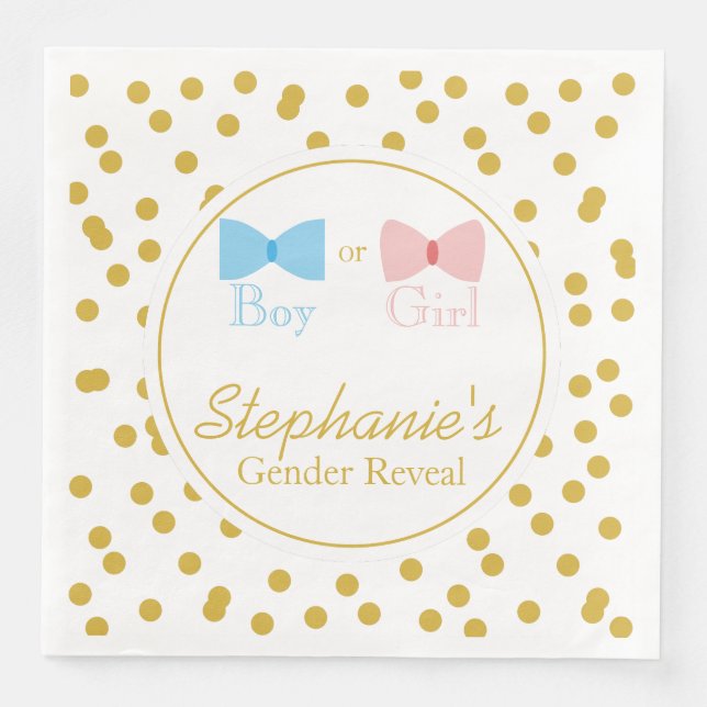 Gold Confetti Gender Reveal Bow und Bow Krawatte Serviette (Vorderseite)