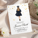 Gold Confetti Girl Illustration Grad Invite Einladung<br><div class="desc">Celebrate her graduation with this "Gold Confetti & Grad Girl" invitation. Featuring a chic illustration of a graduate in a black gown surrounded by falling gold glitter confetti. This elegant and festive design with sophisticated script is perfect for the Class of 2026. Ideal for high school or college graduation parties...</div>
