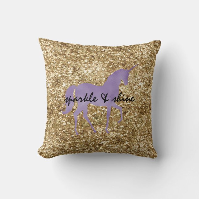Gold Confetti Glitzer Lila Unicorn Kissen (Vorderseite)