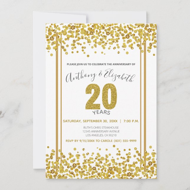 Gold Confetti Glitzer-Style 20th Anniversary Party Einladung (Vorderseite)