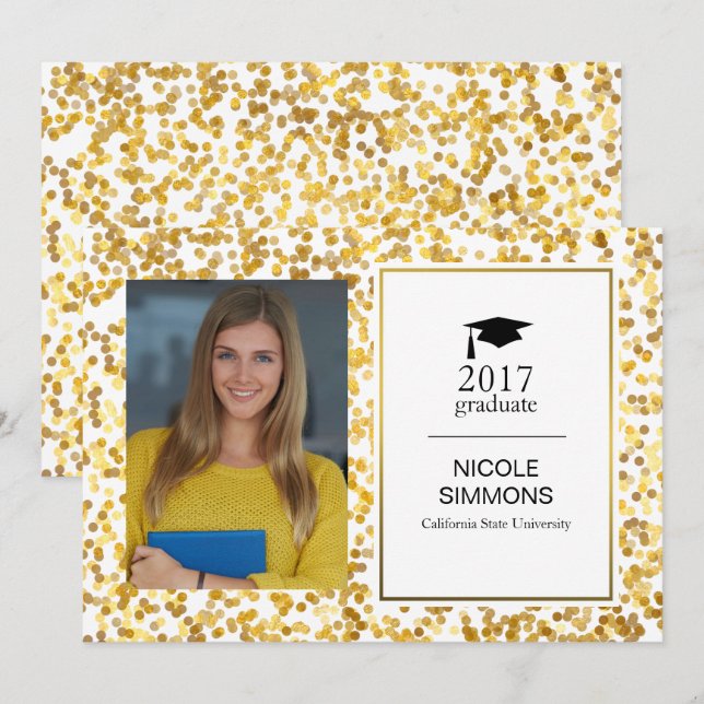 Gold Confetti Graduate Foto Card Einladung (Vorne/Hinten)