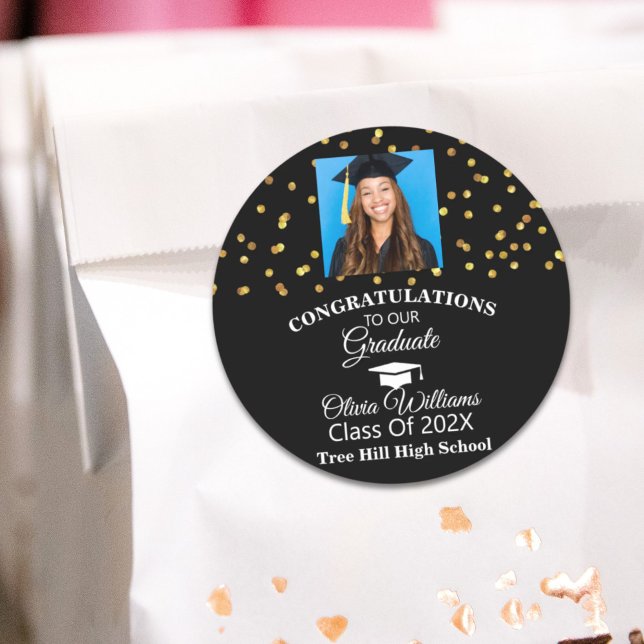Gold Confetti Graduate Foto Graduation Party Runder Aufkleber (Gold Confetti Graduate Photo Graduation Party Classic Round Sticker)