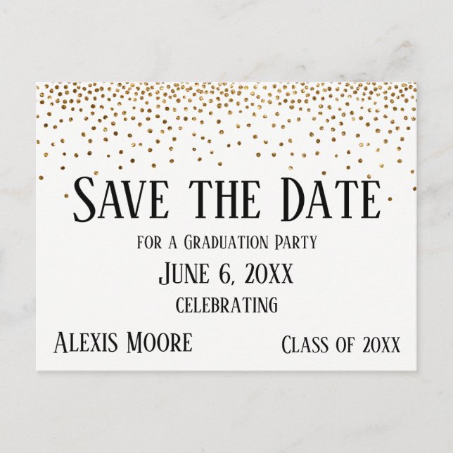 Gold Confetti Graduation Party Save the Date Postkarte (Vorderseite)