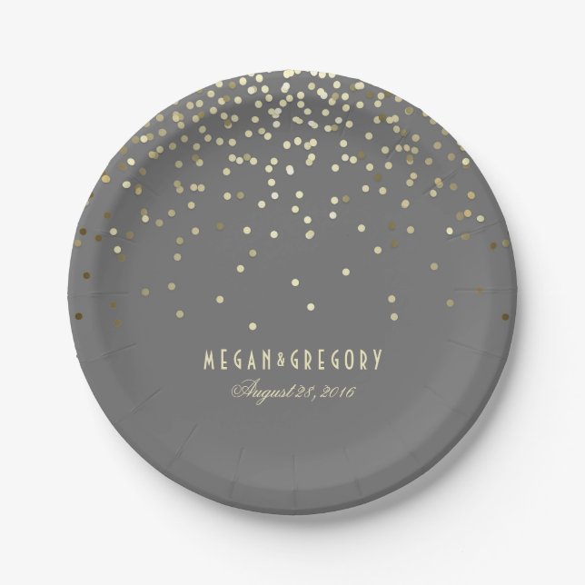 Gold Confetti Gray Eleganter Glamour Hochzeit Pappteller (Vorderseite)