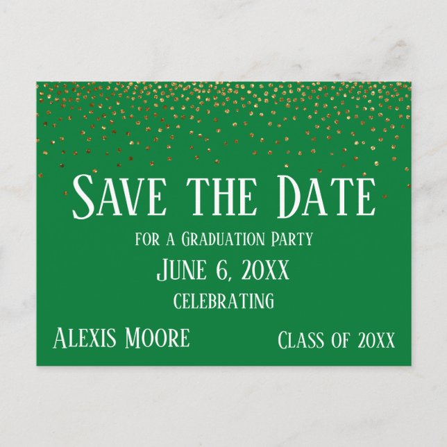 Gold Confetti Green Abschluss Save the Date Postkarte (Vorderseite)