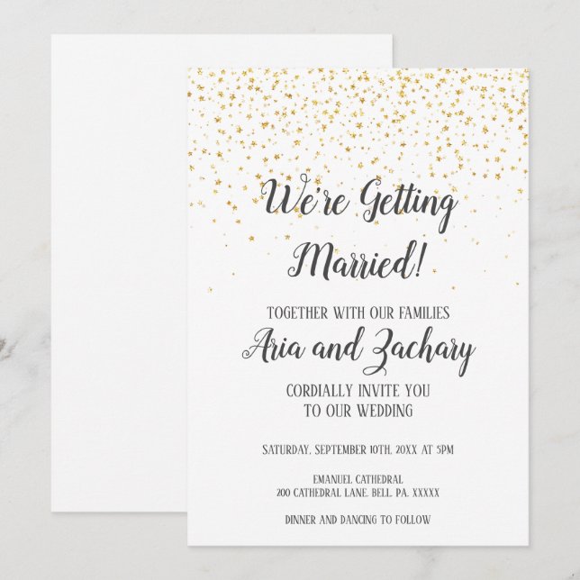 Gold Confetti Kalligraphie Wir werden heiraten Einladung (Vorne/Hinten)