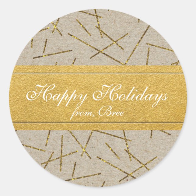 Gold Confetti Kraft Papier Rustikale Urlaubsaufkle Runder Aufkleber (Vorderseite)