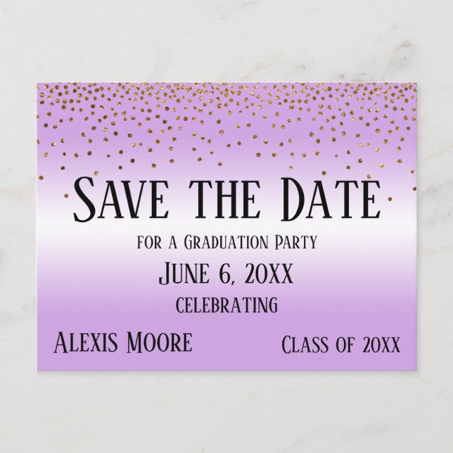 Gold Confetti Lavender Abschluss Save the Date Postkarte (Vorderseite)
