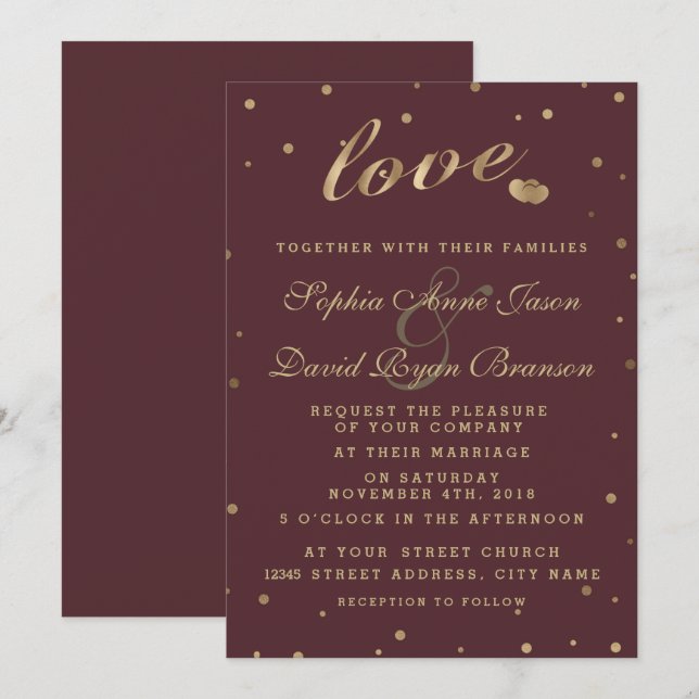 Gold Confetti Liebe Burgundy Wedding Einladung (Vorne/Hinten)