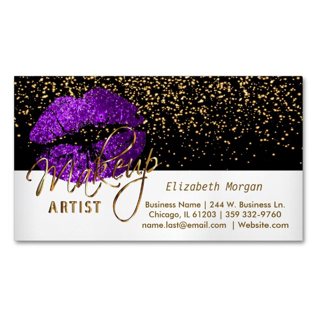 Gold Confetti & Lila Lips - Makeup Artist Magnetische Visitenkarte (Vorderseite)