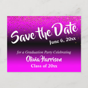 Gold Confetti Magenta Abschluss Save the Date Postkarte