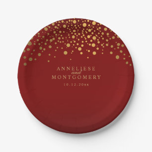 Gold Confetti Maroon Red Pappteller