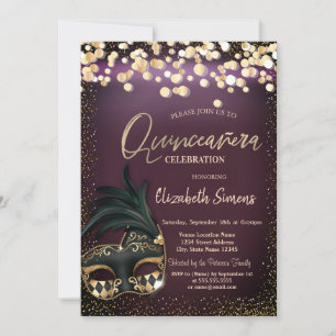 Gold Confetti Masque Burgundy Quinceañera Einladung