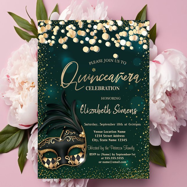 Gold Confetti Masque Green Quinceañera Einladung (Von Creator hochgeladen)