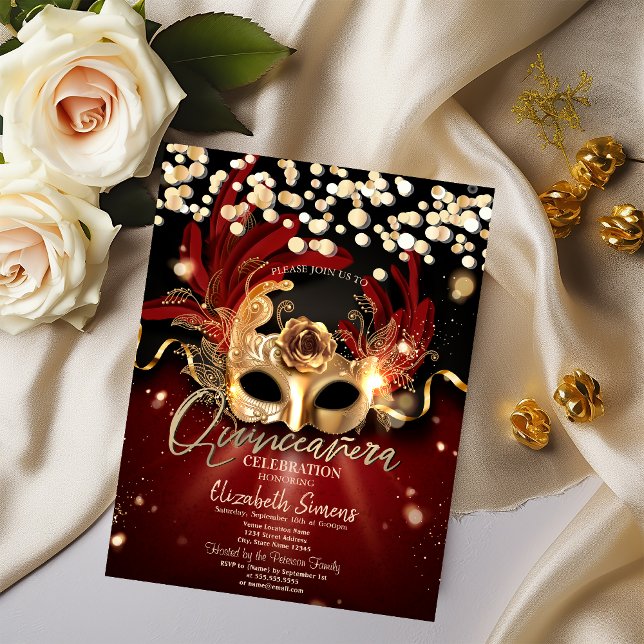 Gold Confetti Masque Red Quinceañera Einladung (Von Creator hochgeladen)