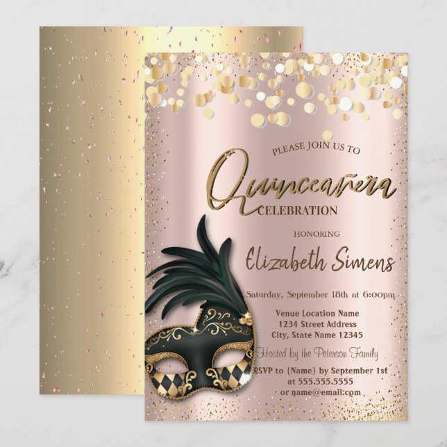 Gold Confetti Masque Rose Gold Quinceñera Einladung (Vorne/Hinten)