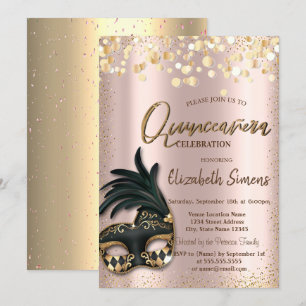 Gold Confetti Masque Rose Gold Quinceñera Einladung