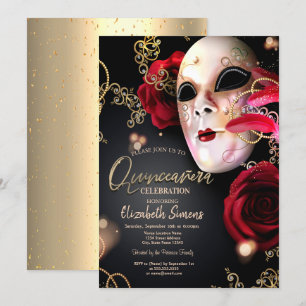 Gold Confetti Masque Rote Rosen Quinceañera Einladung