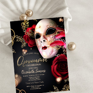 Gold Confetti Masque Rote Rosen Quinceañera Einladung
