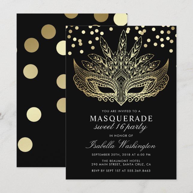 Gold Confetti Masquerade Sweet 16 Party Einladunge Einladung (Vorne/Hinten)