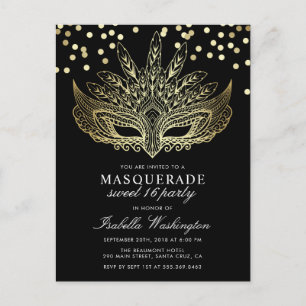 Gold Confetti Masquerade Sweet 16 Party Einladungspostkarte