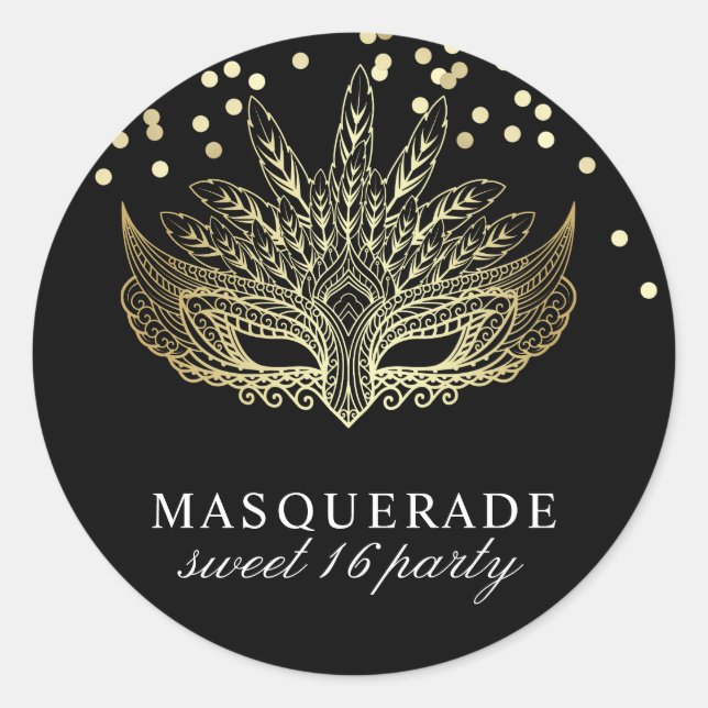 Gold Confetti Masquerade Sweet 16 Party Runder Aufkleber (Vorderseite)