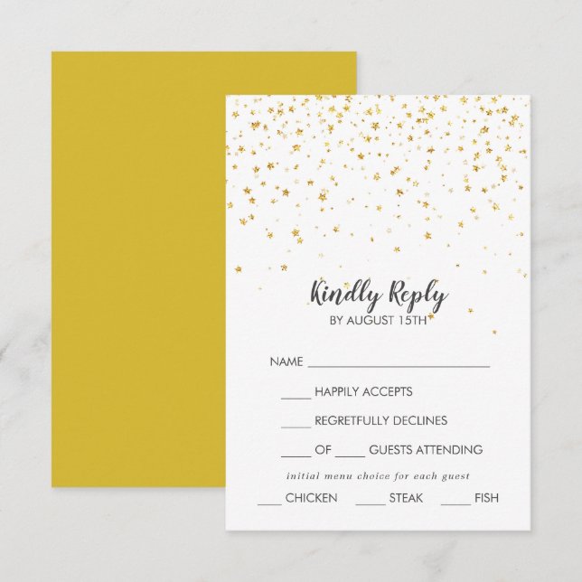 Gold Confetti Menu Choice Wedice RSVP Card (Devant / Derrière)