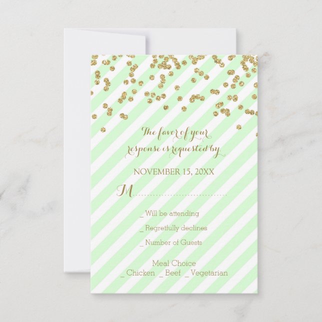 Gold Confetti Mint Stripes Wedding RSVP (Vorderseite)