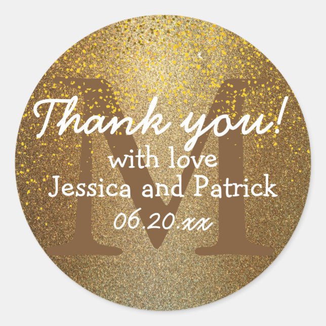 Gold Confetti Monogram Wedding Danke Stickers (Vorderseite)