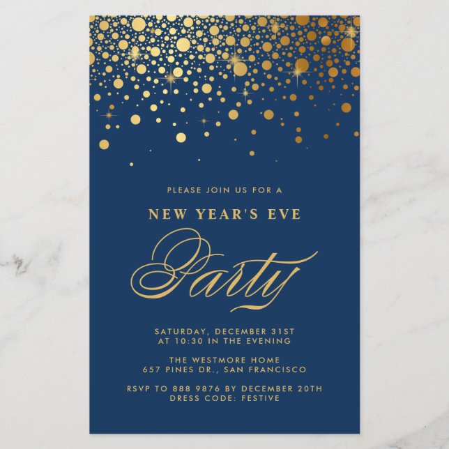 Gold Confetti Navy Blauer Neujahrsvortrag (Vorderseite)