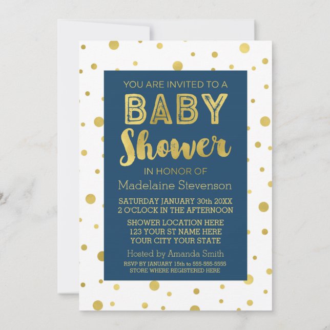 Gold Confetti Navy Blue Baby Einladungen (Rückseite)