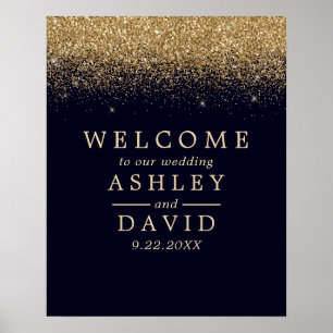Gold Confetti Navy Blue Chic Hochzeit Willkommen Poster